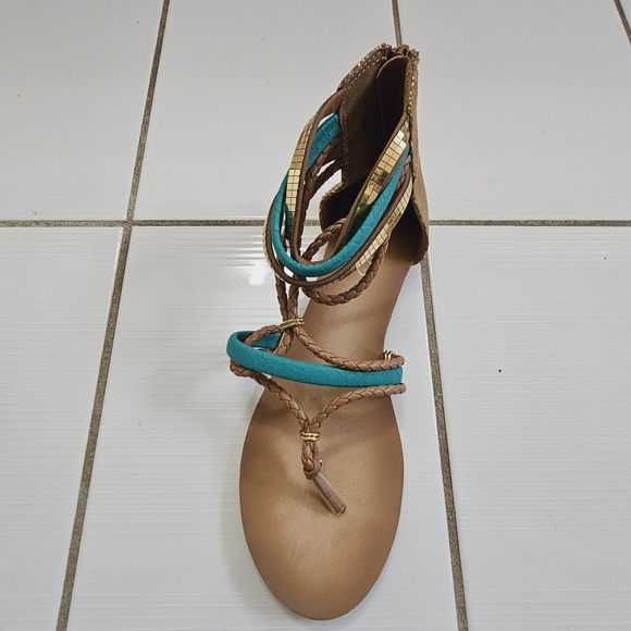 Aldo zipper sandalsWomen’s Brown and Turquoise Egyptian Roman Style Strappy Sand - Picture 4 of 8